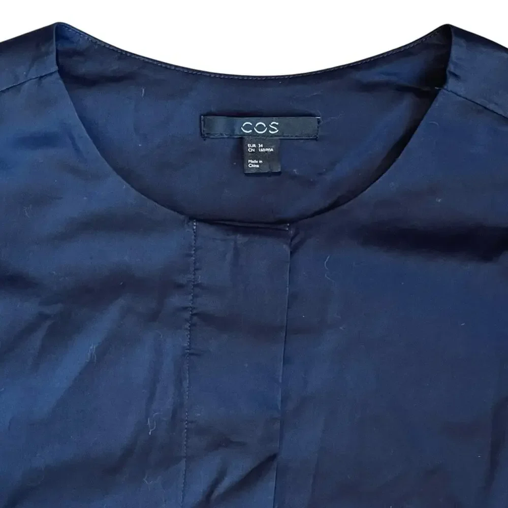 COS Women’s Sz 4 Navy Blue Gathered Puff Sleeve Blouse Stretch Cotton Top - Picture 5 of 15